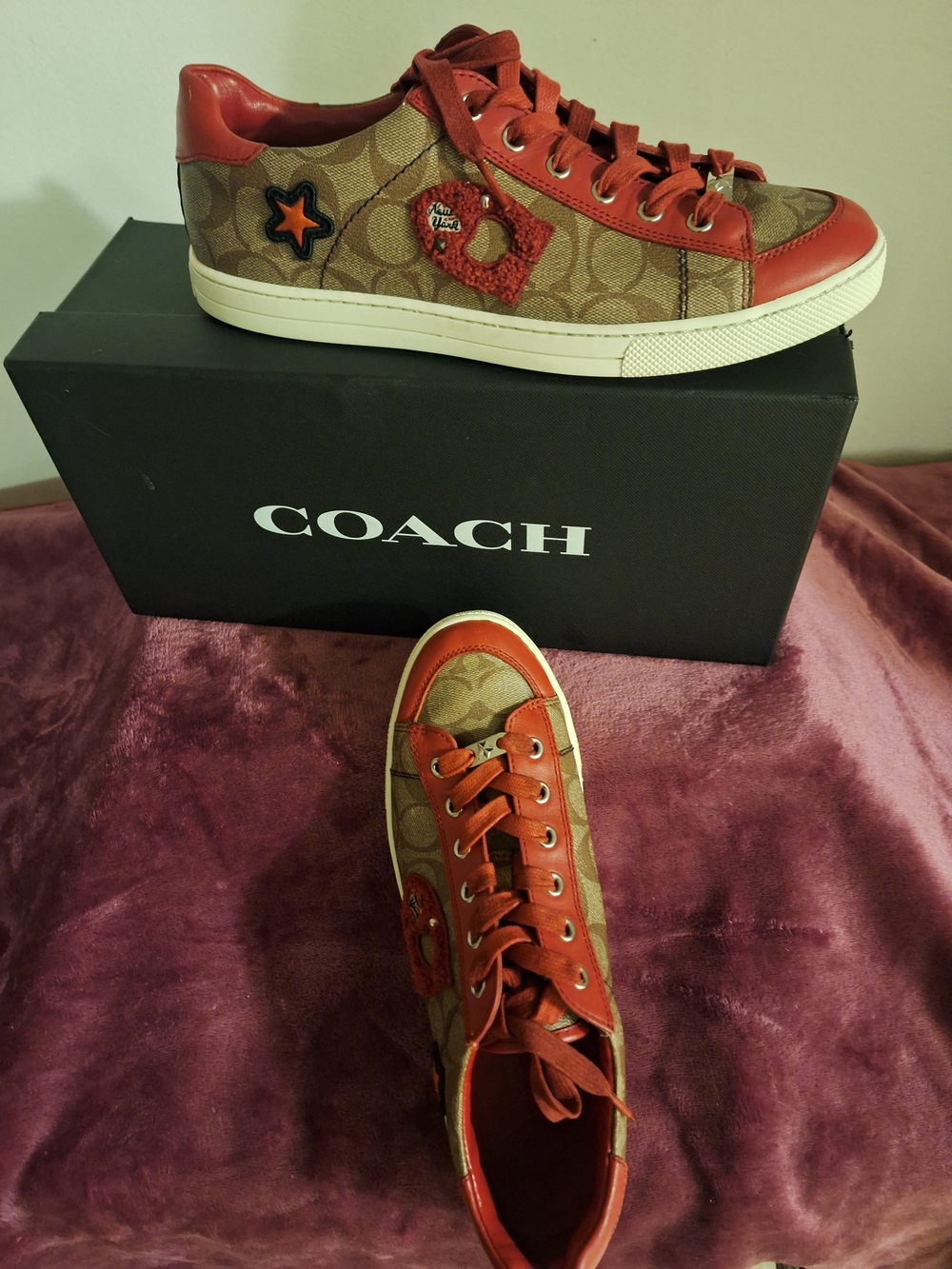 Coach Brown Monogram Sneakers with Red Leather Accents - Picture 3 of 7